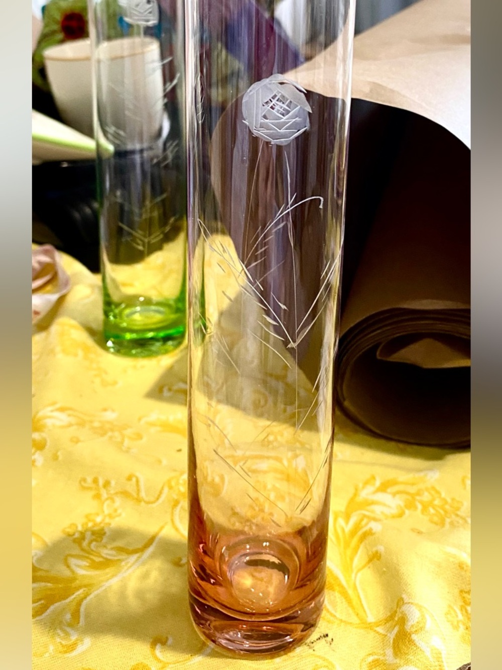 2 Hand Blown and Etched (Roses) Tall Bud Vases. Green and Pink. Japanese EUC 9.5